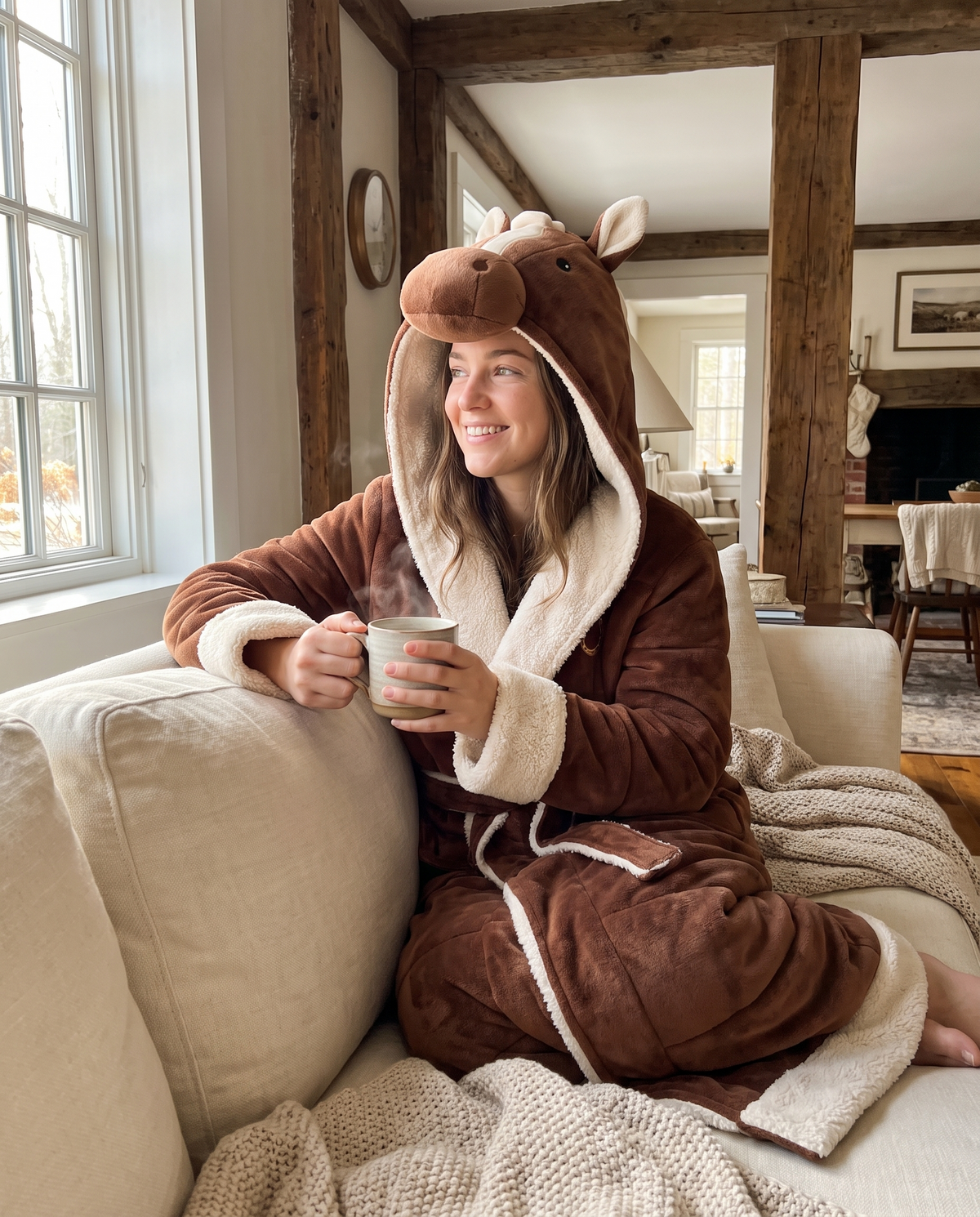 Woman cozy in the chestnut Stable Robe with a mug of tea
