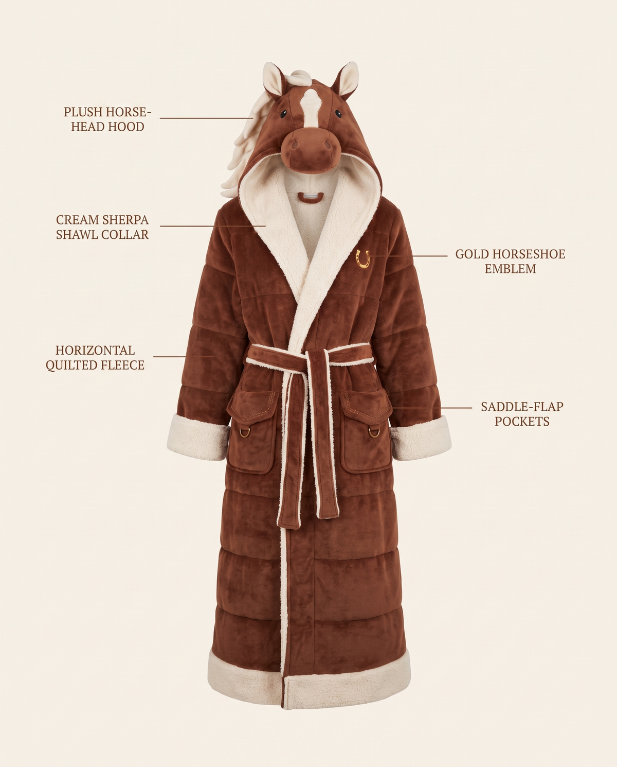 The Stable Robe: plush horse-hood robe, chestnut
